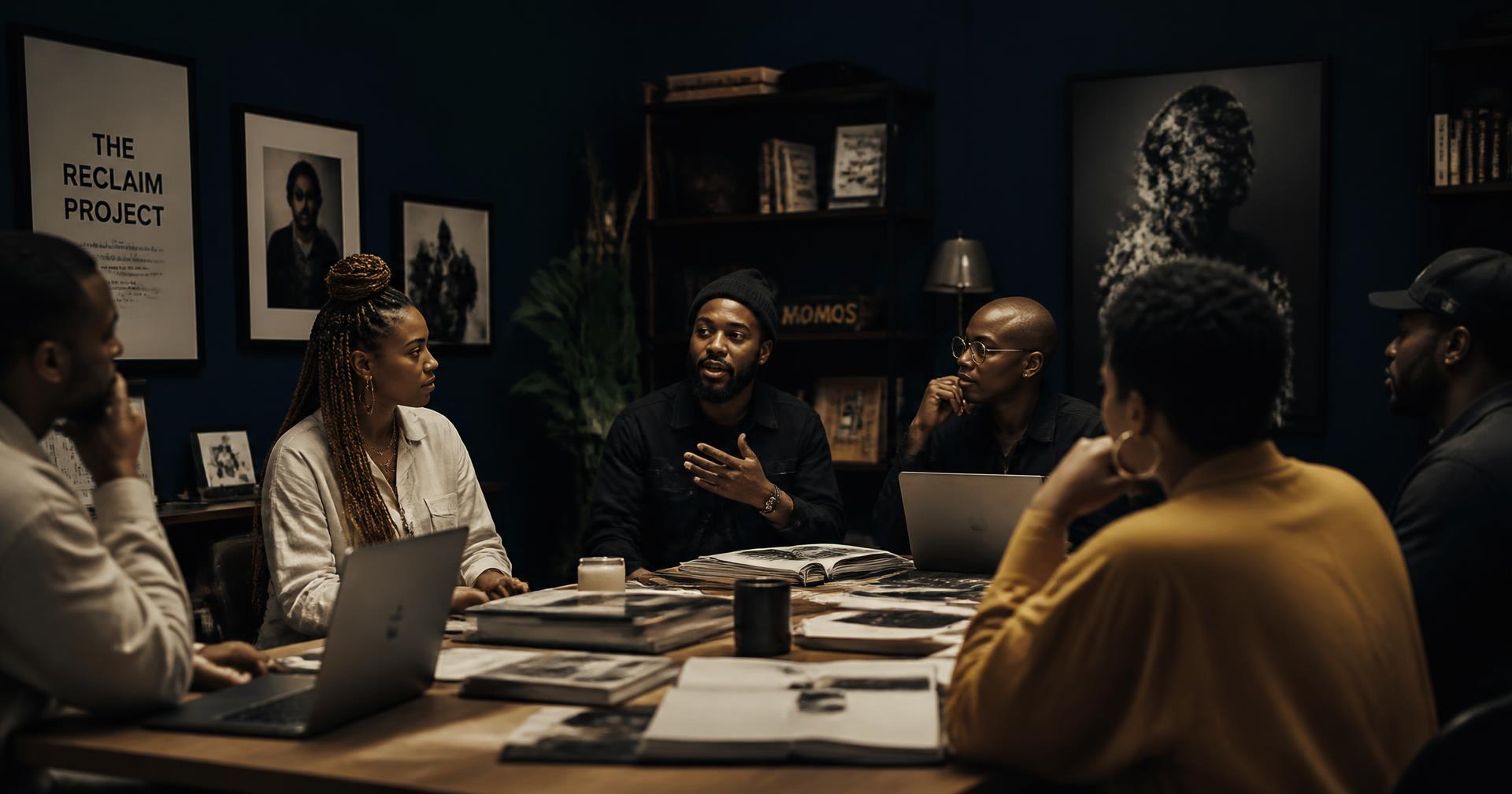 Creative team in discussion around a studio table